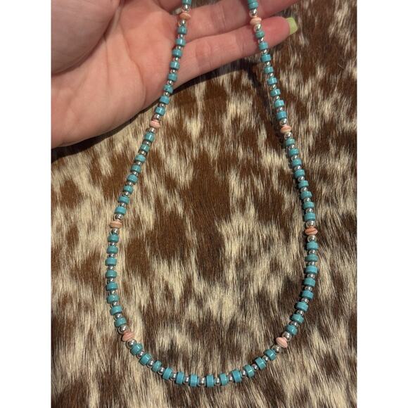 Native American Sterling Silver Shiny Navajo Pearl Turquoise Conch Necklace 18” - Picture 8 of 13